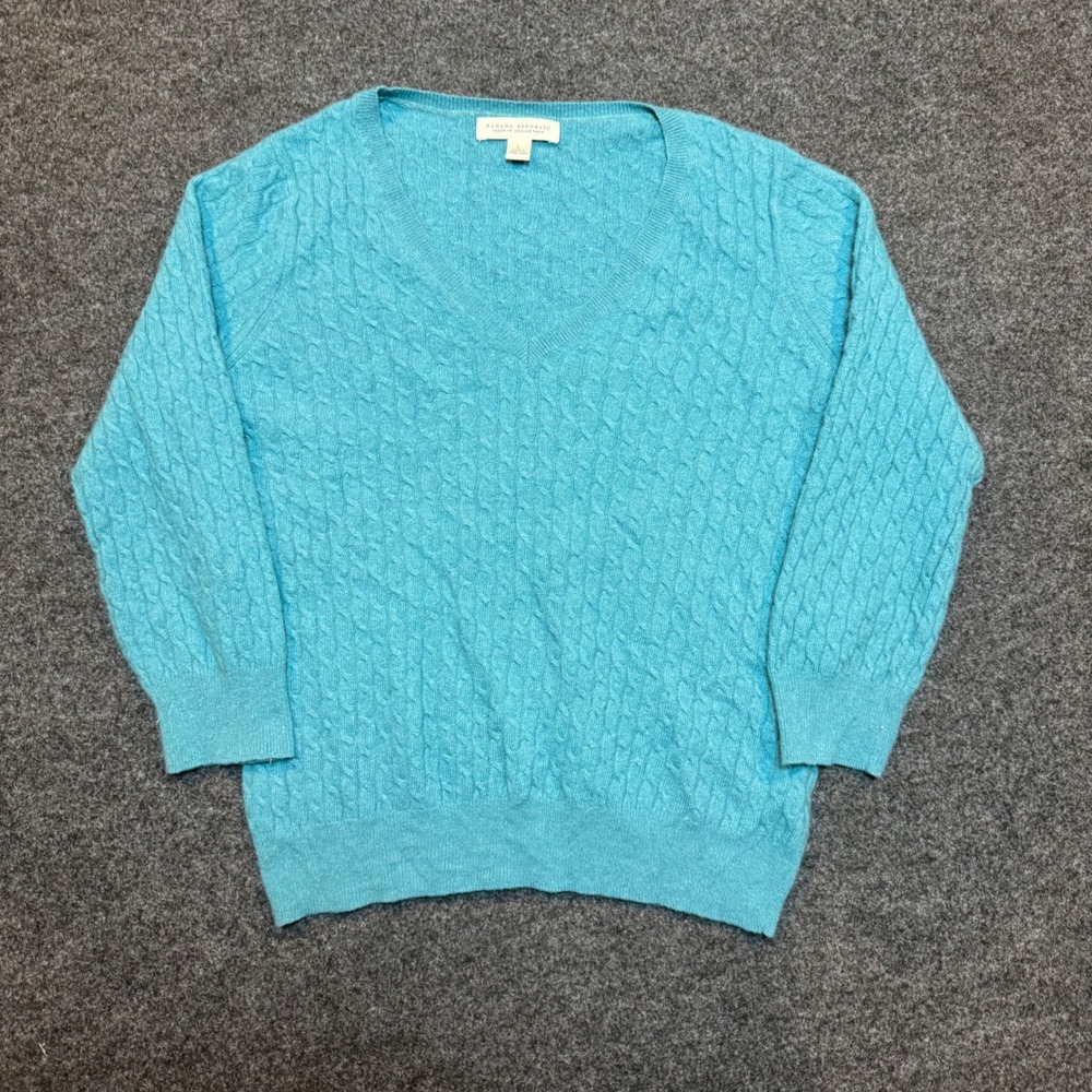 Banana Republic Italian Yarn Cable Knit V-Neck Sweater Turquoise Blue Large